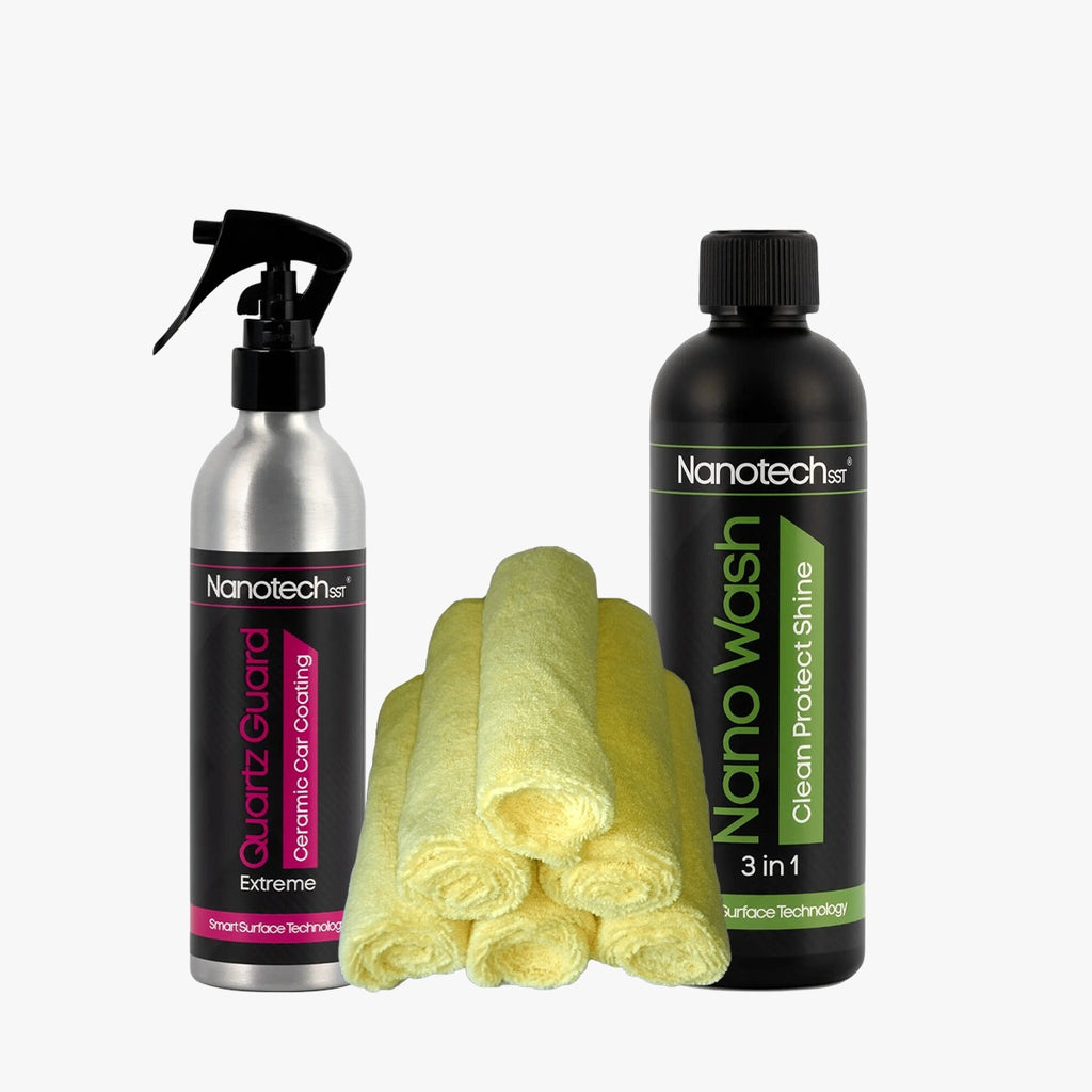 Combo Kit 3: Advanced Protect & Shine : 1 x Quartz Guard Extreme 250ml 1 x  Nano Wash 250ml, 1 x Pack of Microfibre Clothes